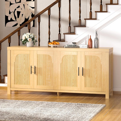 71-inch Sideboard Buffet Cabinet with 4 Fluted Doors, Adjustable Shelves & Cable Management, Light Oak