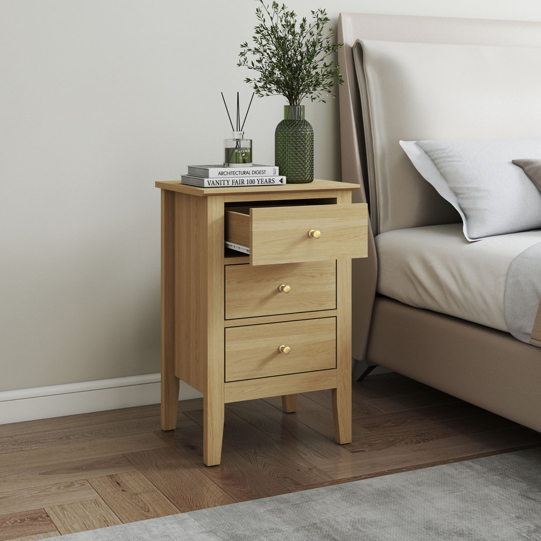 Rover Three-Drawer Bedside Cabinet, Oak-Effect Finish, Metal Runners