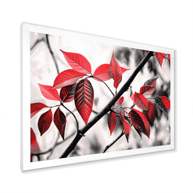 Feuilles rouges et grises sur un arbre II, Cadre photo blanc, H 24 po x l 32 po x P 1 po