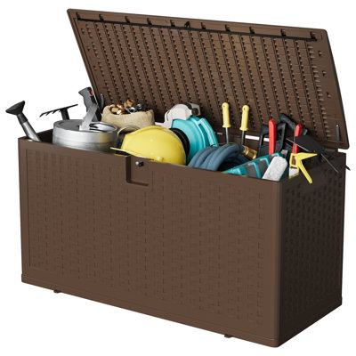 Boîte de rangement en résine 73 gallons - Boîte de rangement extérieure imperméable et résistante aux rayons UV pour terrasse, outils de jardin, accessoires de piscine - brun, imitation rotin
