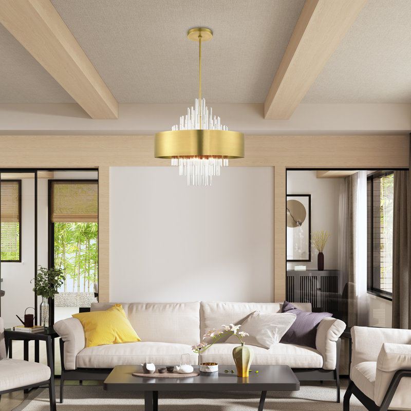 10 - Light Dimmable Drum Chandelier, Natural Brass, Natural Brass
