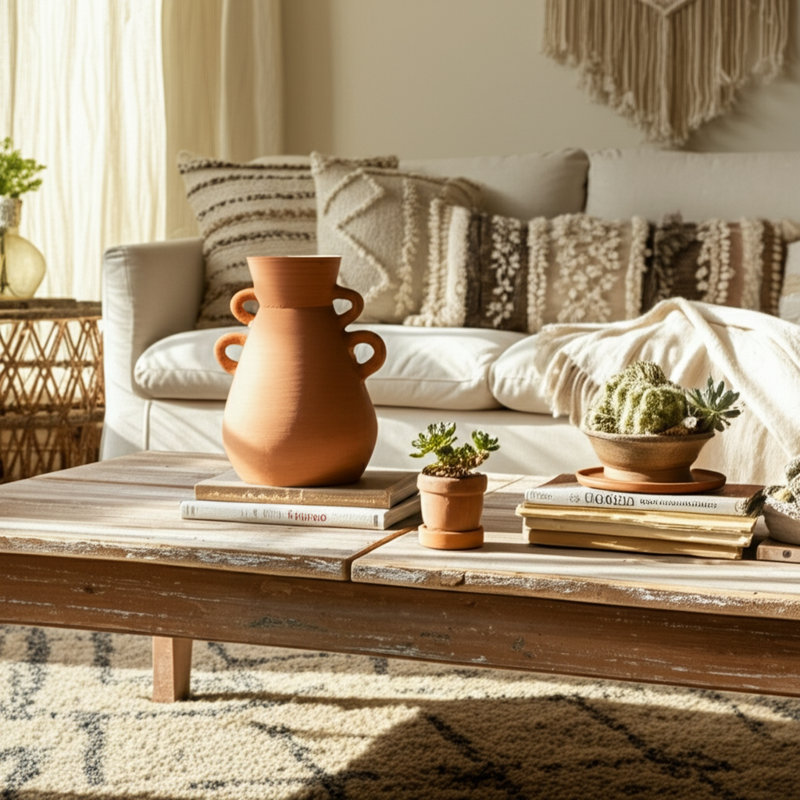 Boho Pottery Terracotta Vase with Sculptural Handles and Artisan-Inspired Craftsmanship for Decorative Accent Display in Global Eclectic Modern Rustic Farmhouse Mediterranean Interiors Decor