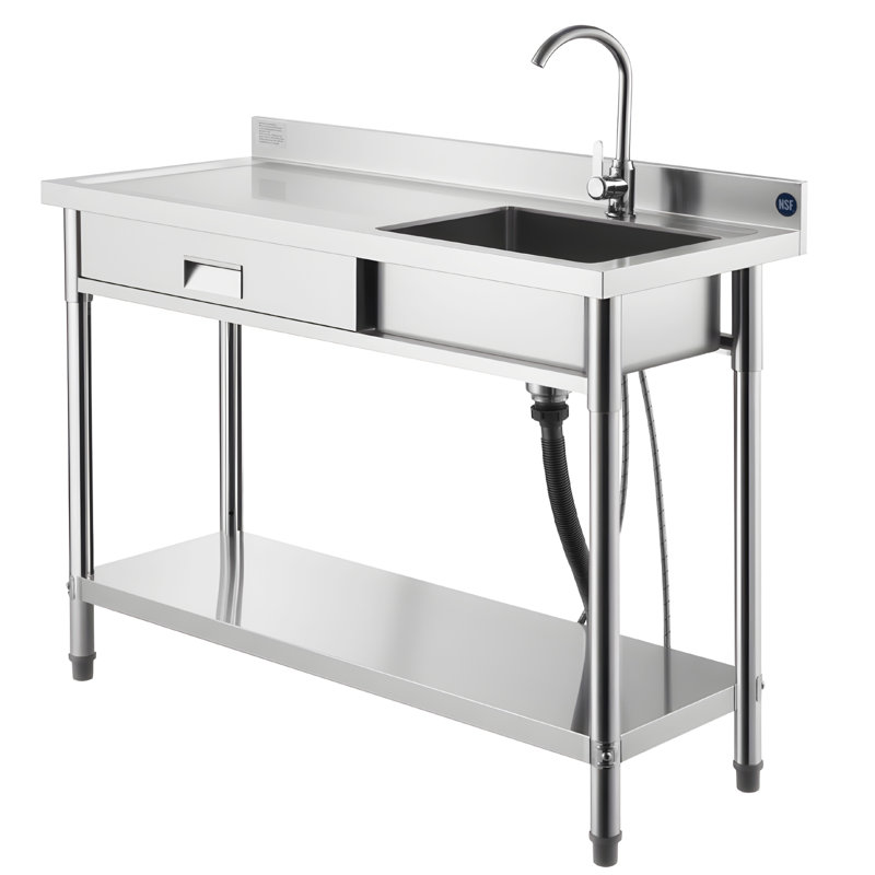 Évier utilitaire en acier inoxydable, évier de cuisine commercial à simple cuve roulante avec tiroir, robinet et tuyau d'eau chaude et froide, lavabo utilitaire pour garage, restaurant, buanderie, 47,2 x 19,7 x 37 po