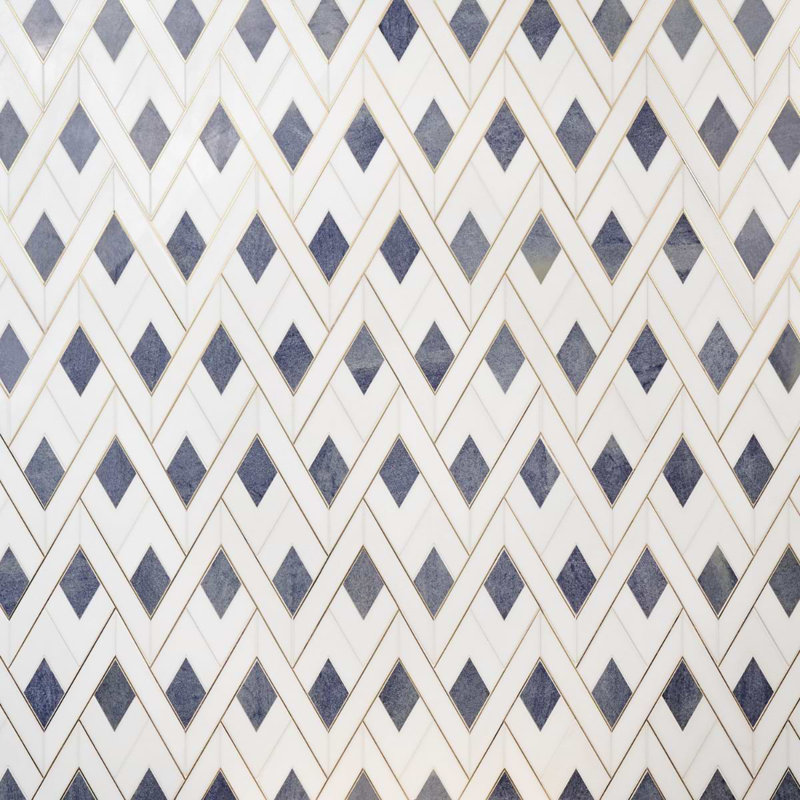 Zeta 12x16 Polished Marble and Brass Inlay Waterjet Mosaic Tile, Azul Blue