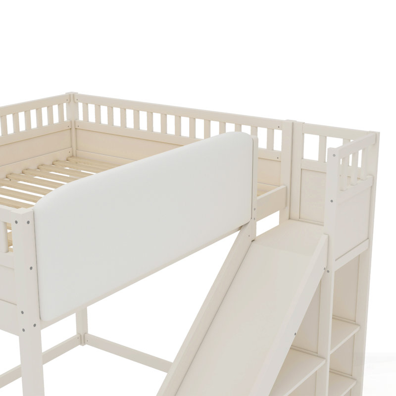 Lit mezzanine avec tête de lit tapissier, tablettes de rangement, échelle et glissade, Grand lit, Beige
