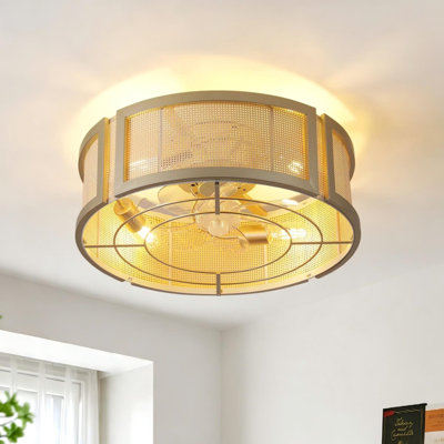 19.69" Boho Caged Ceiling Fan with Light and Remote, Rattan Shade for Bedroom Living Room