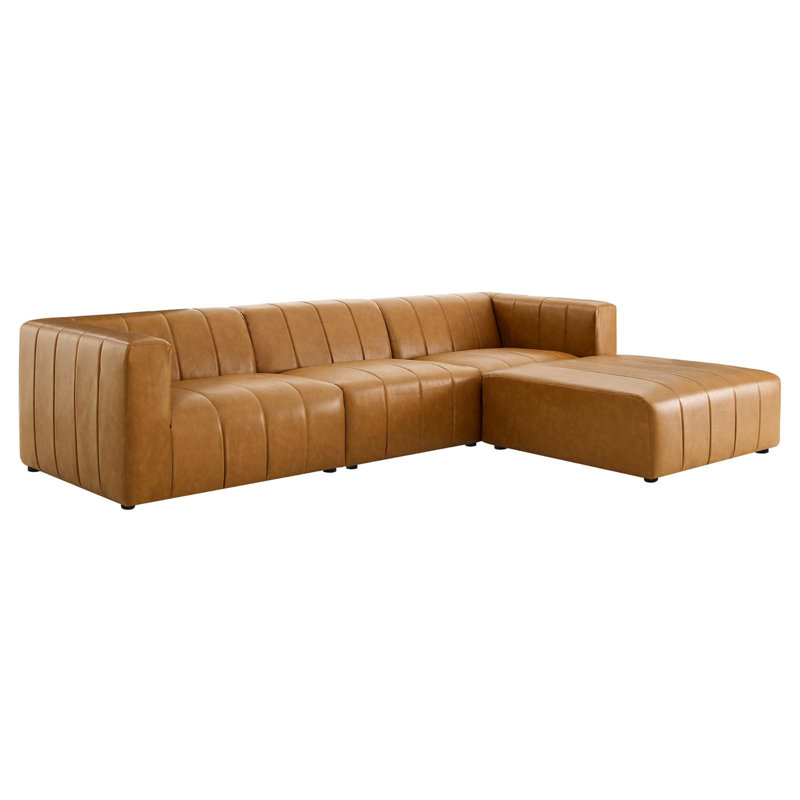 Tan Tufted Faux Leather 4-Piece Sectional Sofa with Ottoman