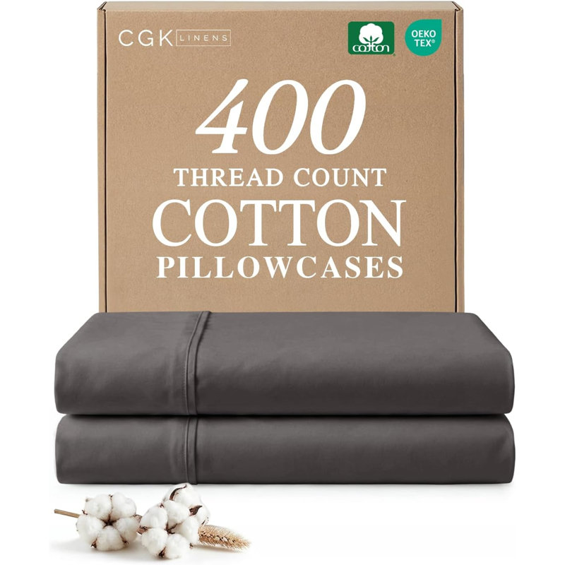 100% Cotton Pillowcase Set, 400 Thread Count Hotel Luxury Pillowcases, Soft & Breathable, Set of 2, Queen, Dark Gray