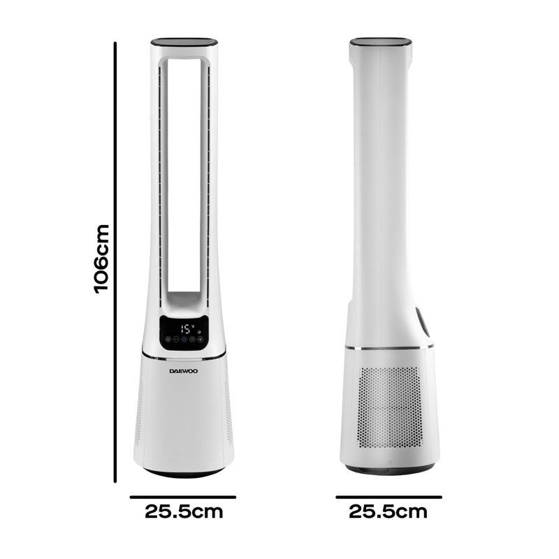 Daewoo 2 in 1 White and Black Floor Standing Bladeless Fan and Air Purifier, HEPA 13 Dual Filter, Remote Control, 12 Hour Timer and 10 Speeds