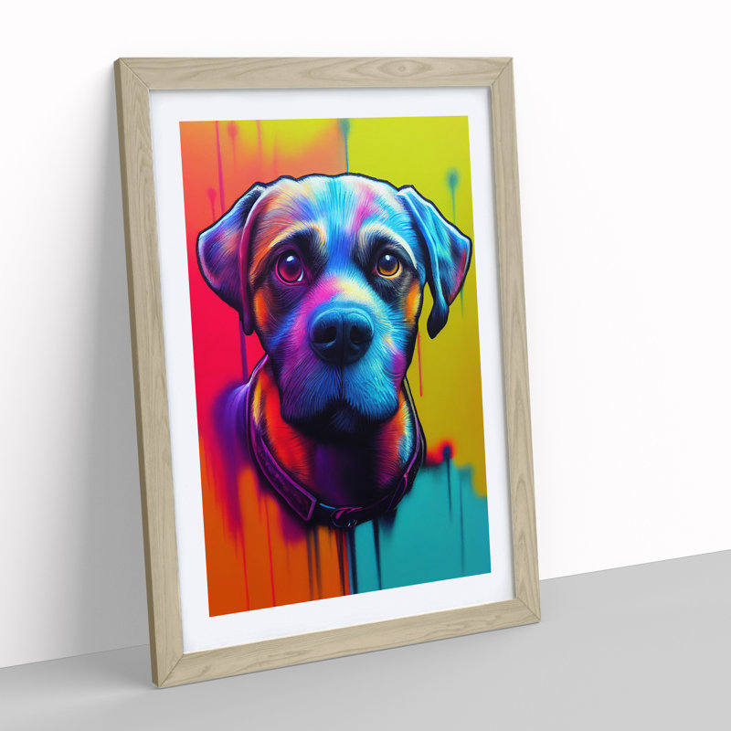 Neon Dog No.1 - Framed Print, 34cm H x 25cm W x 2cm D, Oak