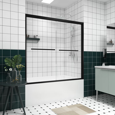 58" High Double Sliding Shower Enclosure, 1/4"  6Mm  Clear Glass, Mute Rollers, Reversible Installation, Waterproof Design Aluminum Frame Bathtub Screen, Tempered Stainless Steel Handle, Design, Setup