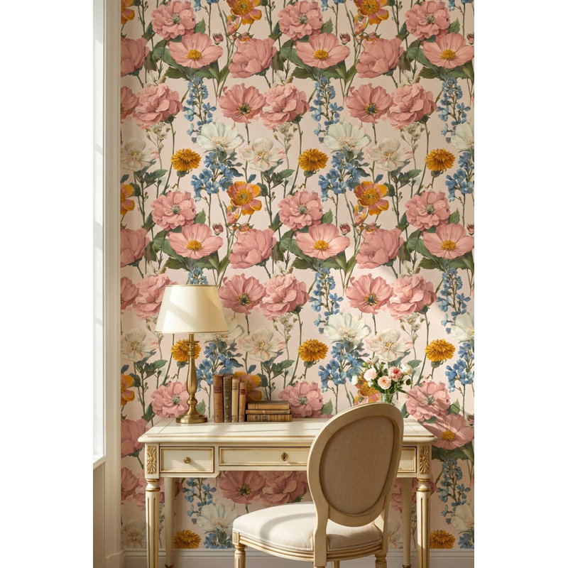 Panneau mural rétro amovible floral traditionnel, Non tissé, non collé