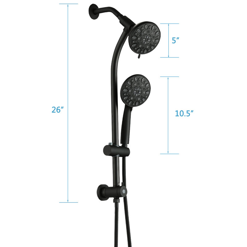 Pomme de douche à effet pluie de 5 pouces et douche à main à 7 jets, barre coulissante réglable de 26 po, installation de 1,8 gal / min, finition noire, buses, 7 jets de jet professionnels pour douche de salle de bain avec débit double de 1,8 gal / min, ABS