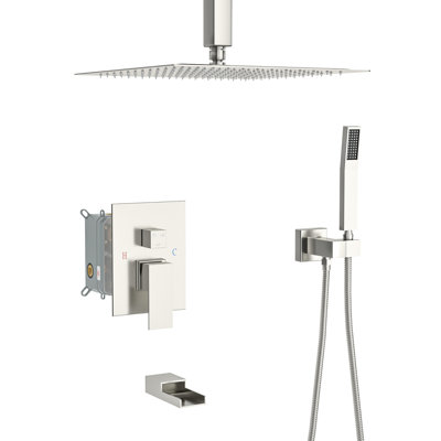 Système de douche avec bec de baignoire en cascade - Plafonnier carré en nickel brossé à 3 fonctions de 12 pouces, valve de pluie et de poche et installation pratique