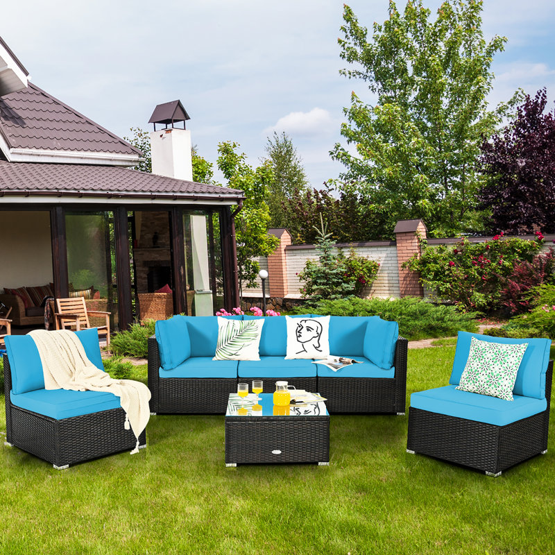 Ensemble de conversation modulaire en rotin 6 pièces avec coussins, Turquoise