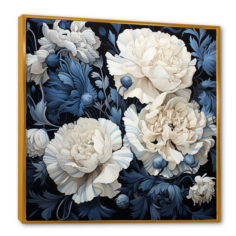 Arrangement d'œillets blanc et bleu IV sur toile, Cadre flottant doré, H 30 po x l 30 po