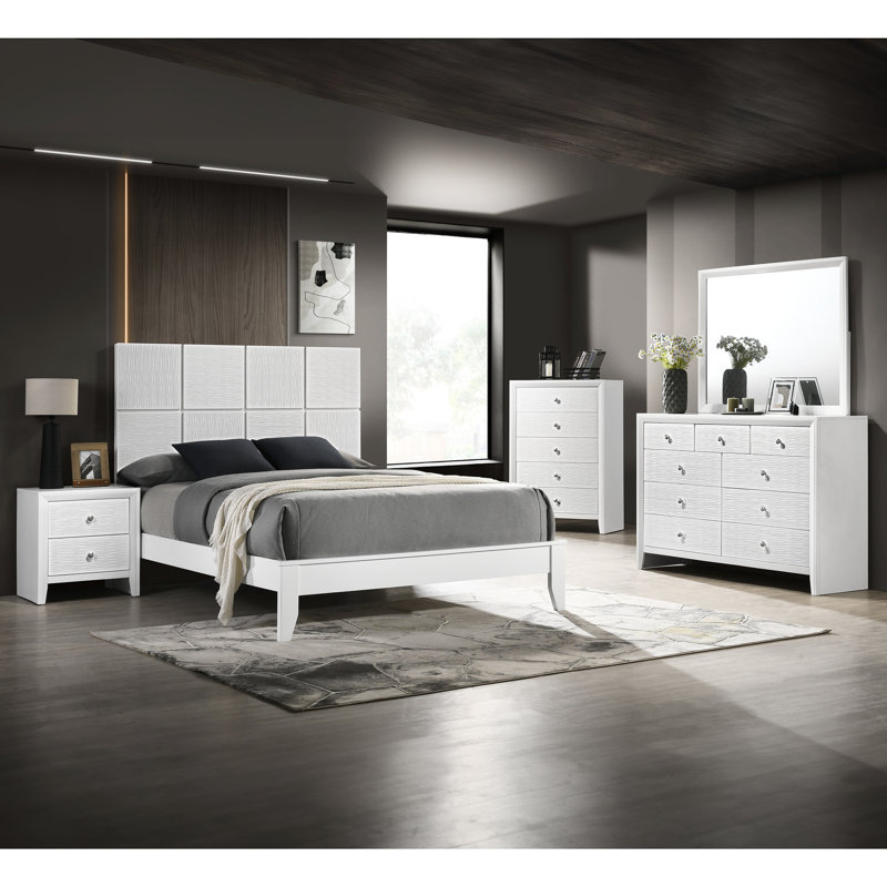 Contemporary Queen Size Bed, Geometric Panelling Headboard, White Finish, Textured Front Panels, Wood Bedroom Design, Bed Frame,