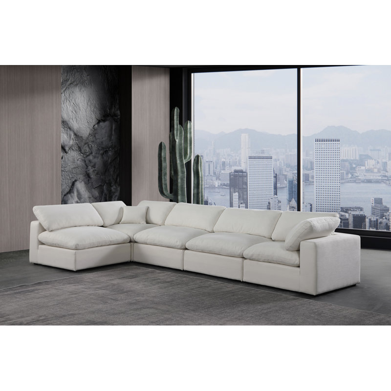 Canapé modulaire 5 pièces rembourré, Tissu crème texturé en lin