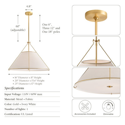 Luminaire suspendu moderne Lumina - en métal, tissu doré, ivoire, cône blanc 2 lumières à brancher ou câblé pour luminaire Mid-Century moderne, scandinave et contemporain