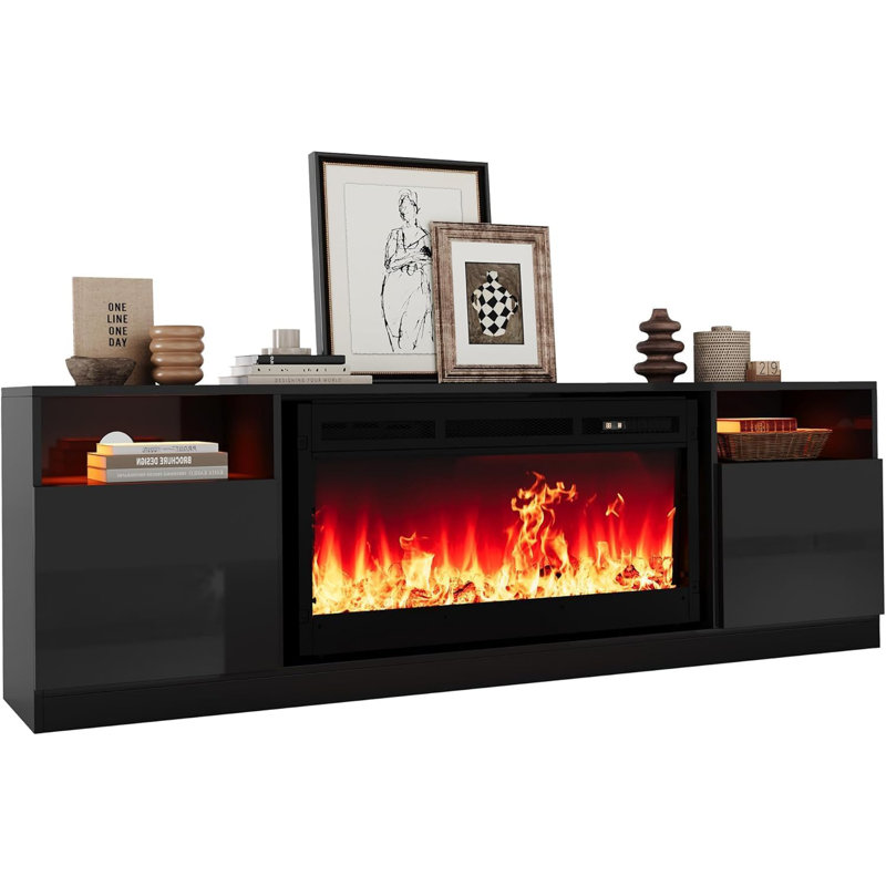 70" TV Stand with 36" Electric Fireplace, Modern Media Console with LED Lights and Storage Cabinet