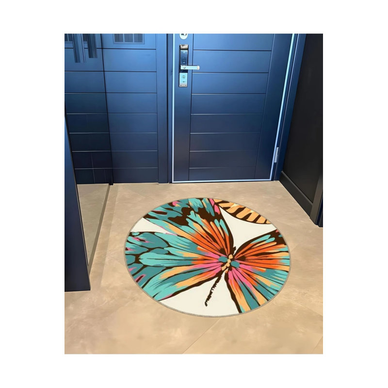 Multicolored Butterfly Patterned Modern Decorative Carpet, Round 5'