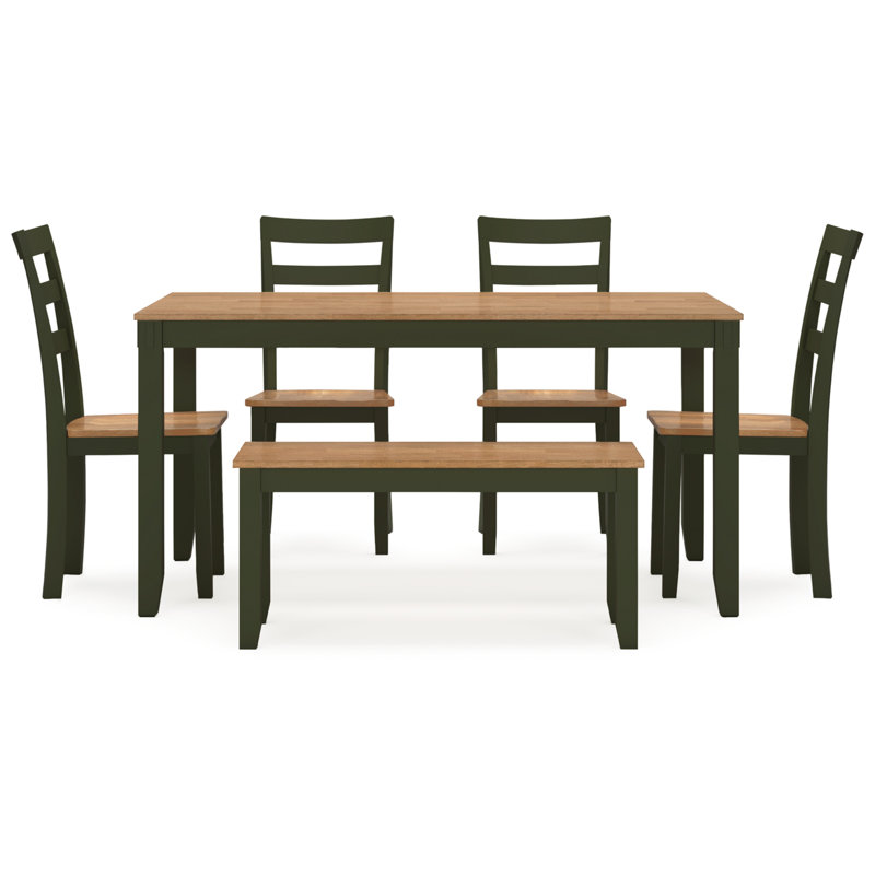 Transitional Natural Mango Wood and Green Dining Set with Bench