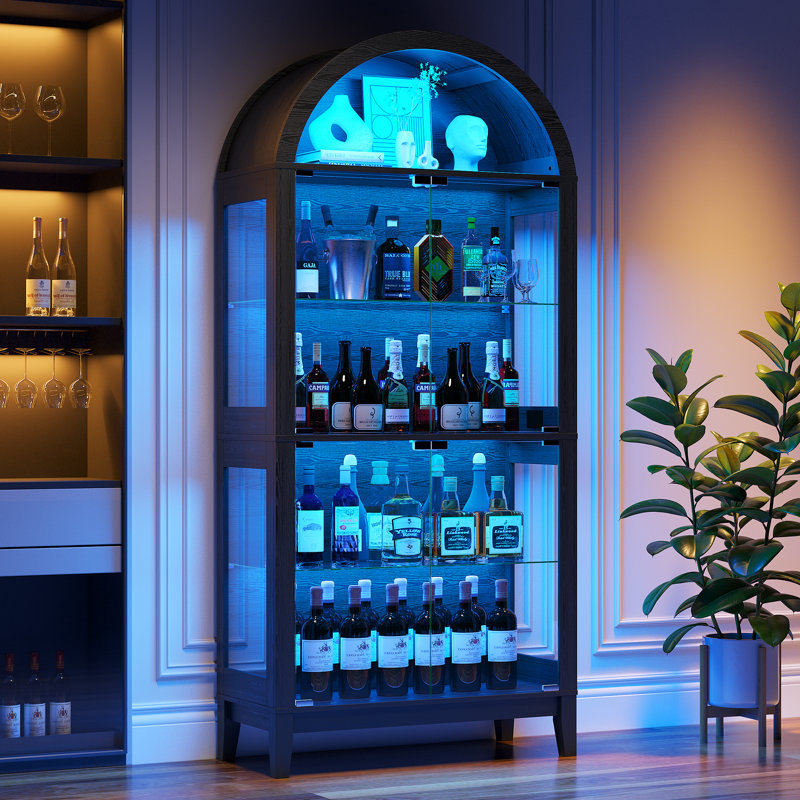 Bibliothèque moderne arquée avec portes en verre trempé et éclairage à DEL RVB contrôlé par une application - vitrine à 5 niveaux