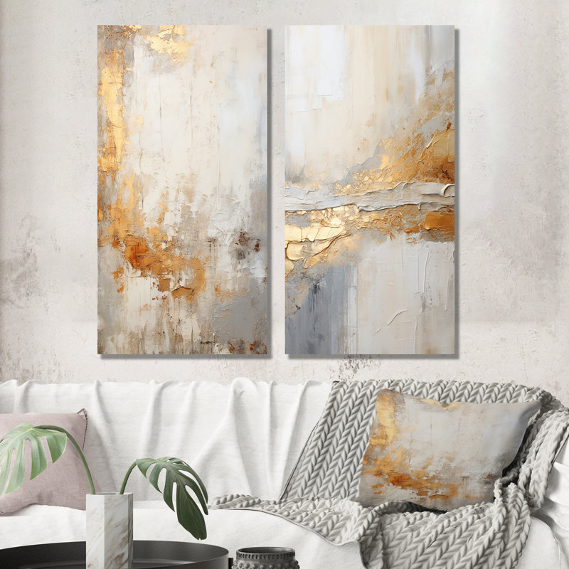 Fusion abstraite dorée et beige - ensemble de salon abstrait 2 pièces, Toile tendue, H 40 po x l 41 po