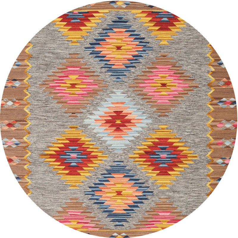 Tapis gris / orange / brun Southwestern, Rond 6 pi
