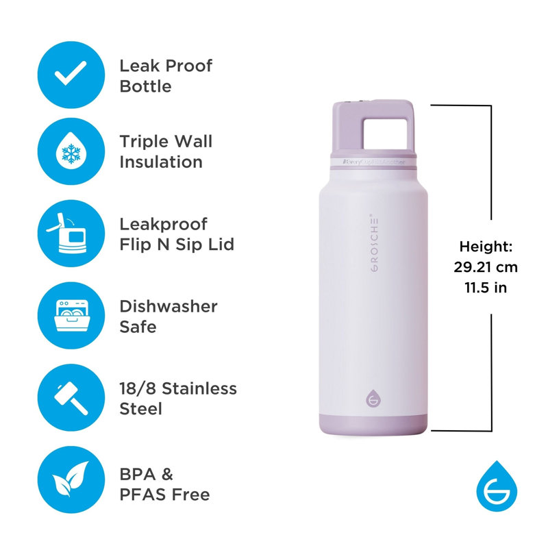 Bouteille d'eau en acier inoxydable à triple paroi Grosche (18/8), Blanc, 49 oz