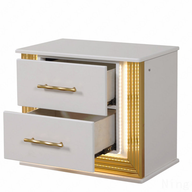 Table de chevet 2 tiroirs, style contemporain, finition bois et or