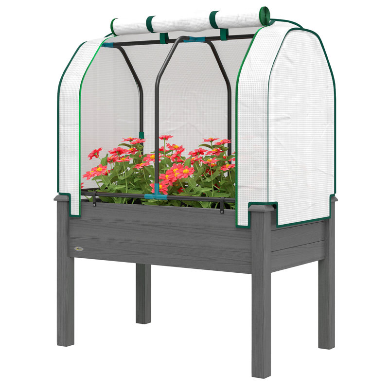 Raised Garden Bed With PE Greenhouse Cover Outdoor Planter Box For Herbs And Vegetables, 35 X 22 X 47 Inch, Dark Gray