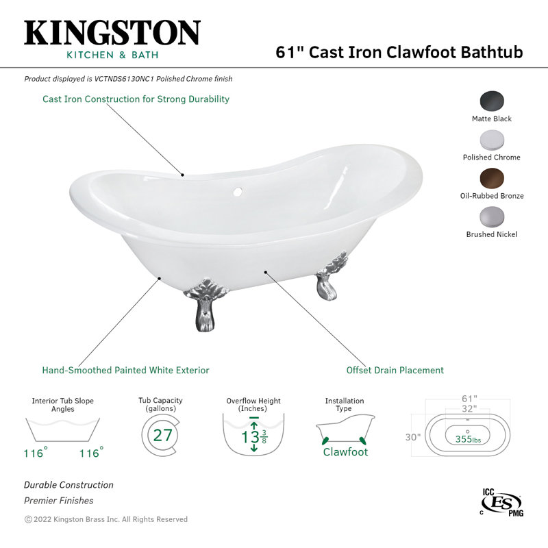 Kingston Brass Aqua Eden 61-Inch Cast Iron Oval Double Slipper Clawfoot Tub (No Faucet Drillings), Oil Rubbed Bronze