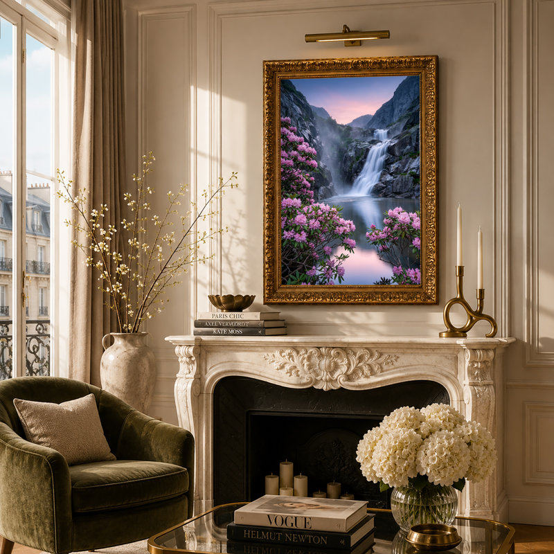 Art mural sur toile Misty Waterfall Over Gray Rocks, H 18 po x l 12 po