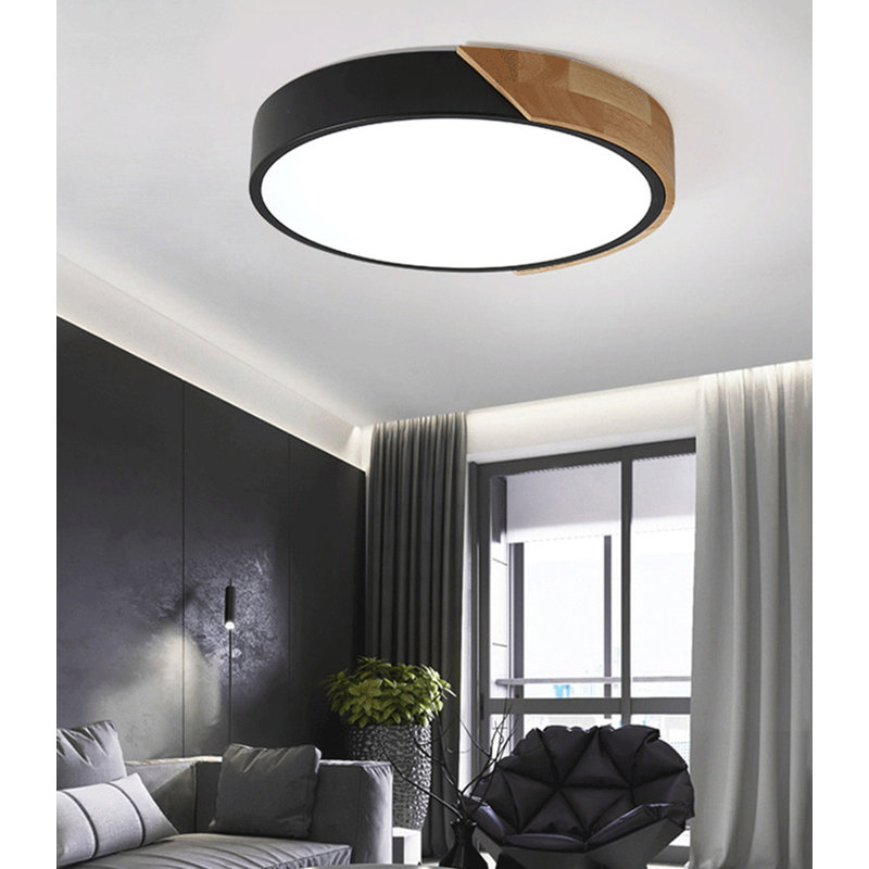 Metal and Wood LED Flush Mount Ceiling Light 6500K Black, Black, 6500K