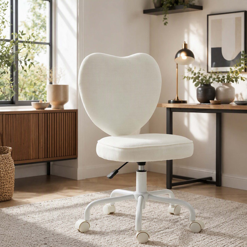 Fauteuil de bureau sans accoudoirs, coiffeuse de maquillage en tissu moderne en forme de cœur, roues pivotantes, hauteur réglable, blanc