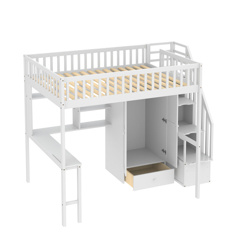 Heartlee Kids Full Loft Bed with Drawers, White