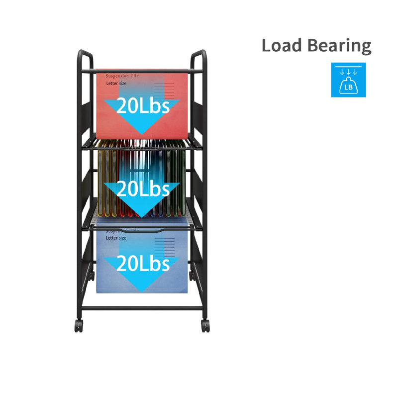 3 Tiers Metal Rolling File Carts With Wheels Hanging Files For Letter Size Movable Pull-Out File Folder Rack Drawer File Cabinet For Home Office