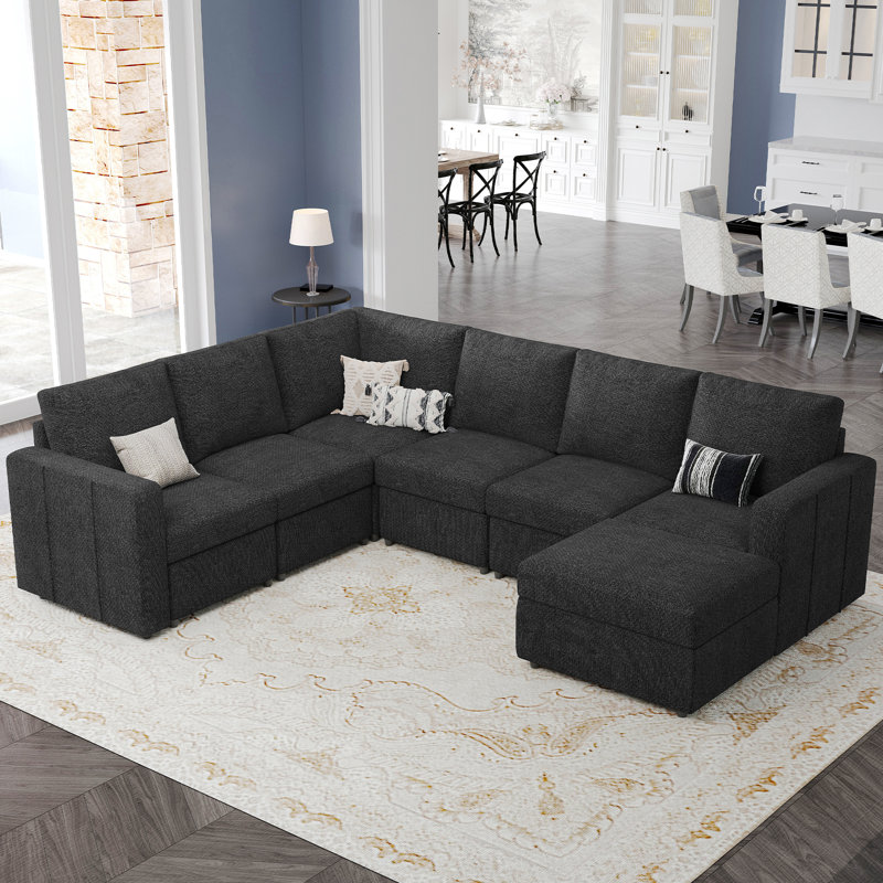 Seybert 8-Piece Chenille L Shaped Modular Corner Sofa Convertible U Shaped Living Room Couch With Storage Ottoman
