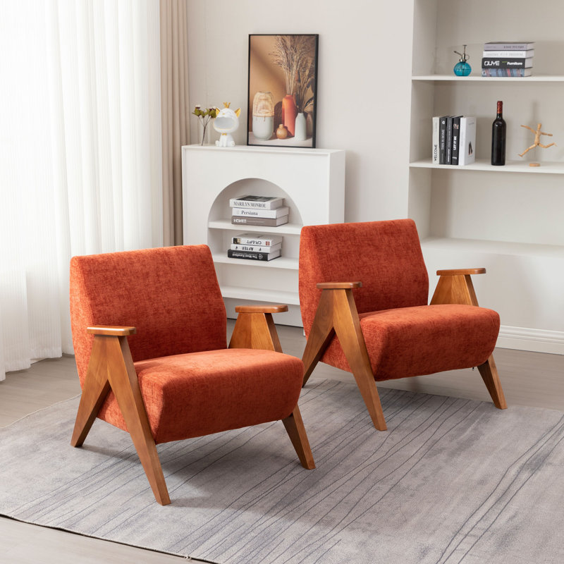 Kyajah 27.5" W Chenille Solid Wood Armchair, Orange