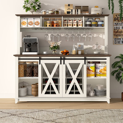 63"W Farmhouse Coffee Bar Cabinet With Wine Rack And Storage, Wine Bar Cabinet With Power Outlet & LED Light, Adjustable Shelf For Tea Liquor Wine, Kitchen Buffet Cabinet W/Sliding Barn Door & 15 Wine And Glass Racks For Kitchen Dining Room