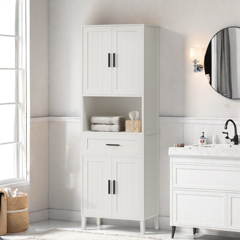 Grande armoire de salle de bain autoportante avec 1 tiroir, 2 armoires, 4 portes à fermeture douce, 2 tablettes réglables et un rangement ouvert