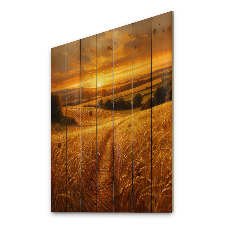 Paysage champêtre au coucher du soleil I - Art mural en bois campagne - sur bois de pin naturel