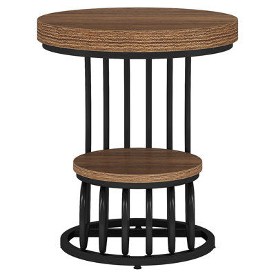 19.68" Round Vintage End Table With 2-Tier Storage – Light Brown Side Table With Arc Metal Frame, Compact Bedside Table Or Accent Table For Living Room, Bedroom, Small Spaces