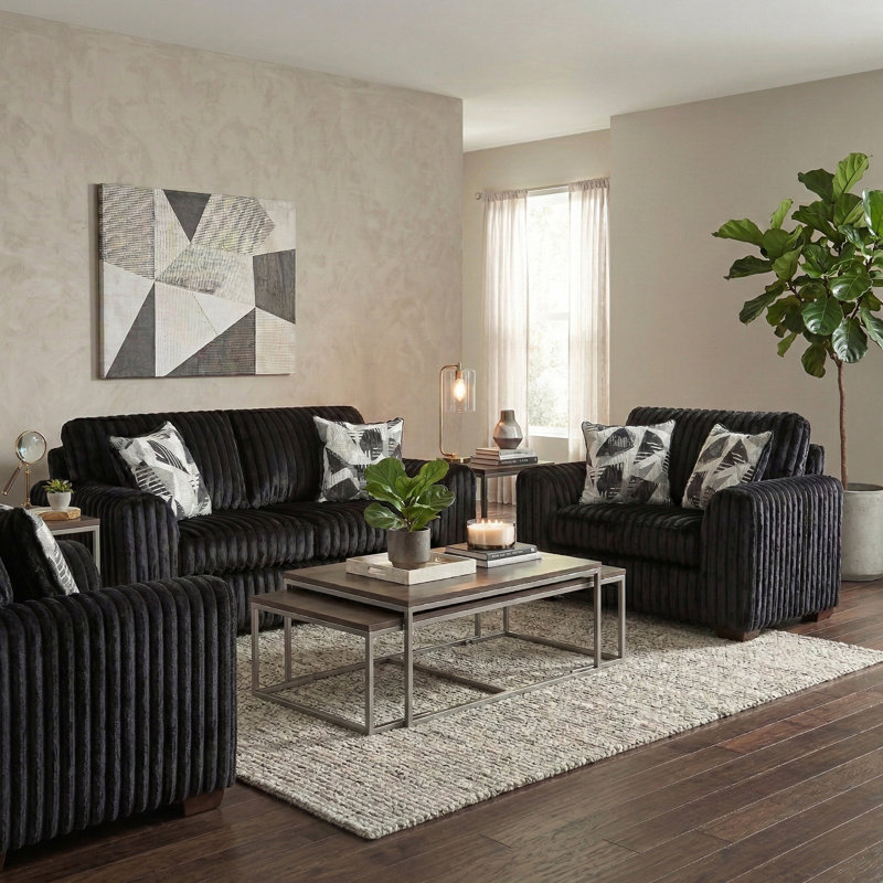 Collection salon, canapé, causeuse et pouf, noir profond, 3 pièces: 1 canapé, 1 causeuse, 1 fauteuil