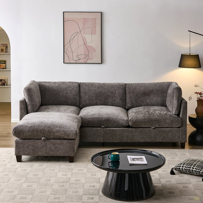 Canapé modulaire 96,5 po pour salon, canapé rembourré en chenille douce, canapé 3 places avec repose-pieds, Gray