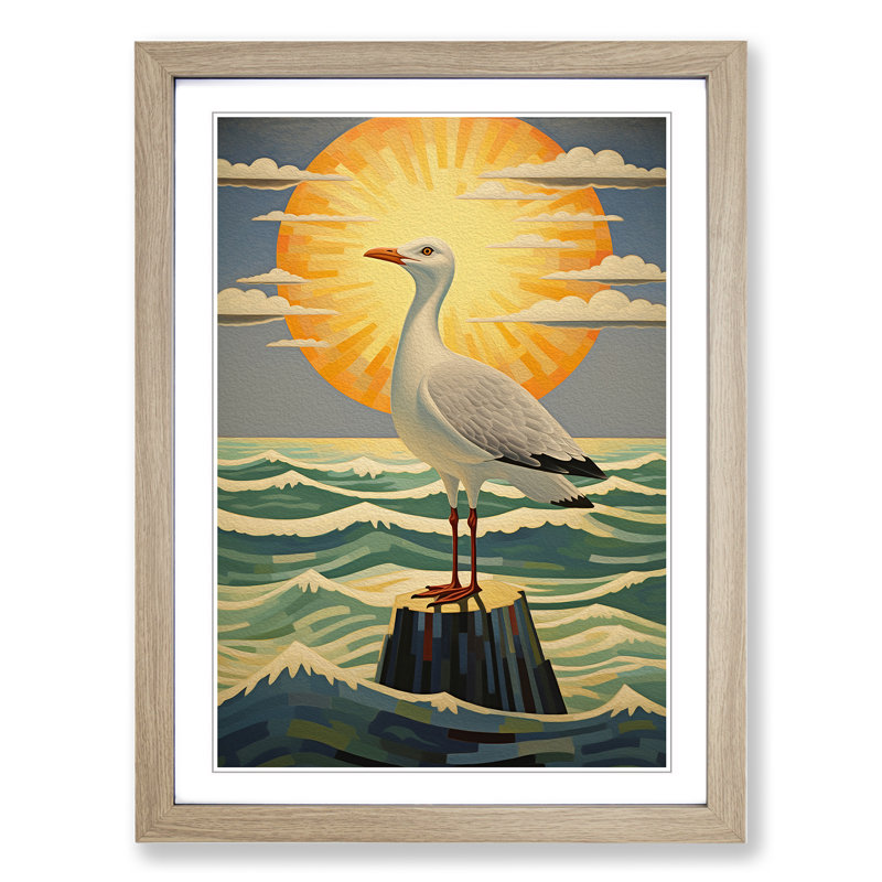 Seagull Art Deco No.2 - Single Picture Frame Print on Wood, Oak, 46cm H x 34cm W x 2cm D