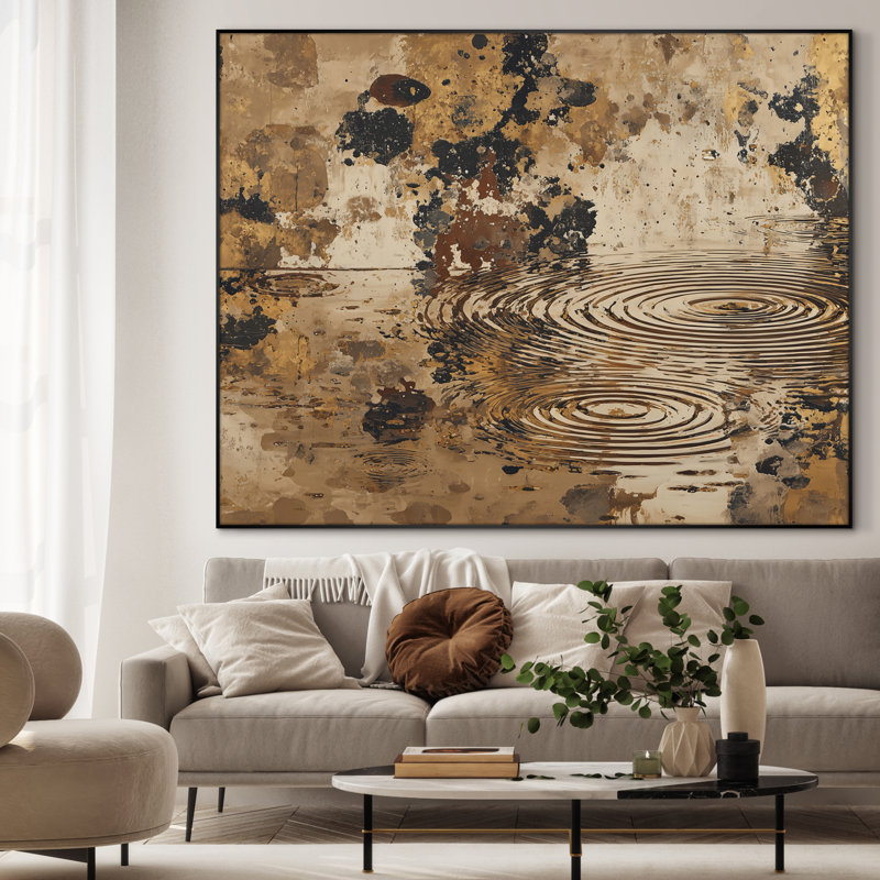 Extra Large Wall Art Fabric Print - Vintage Gold and Black Water Ripples Abstract Artwork Decor for Living Room or Bedroom - "Frame Assembly Required (Unfinished Frame)"