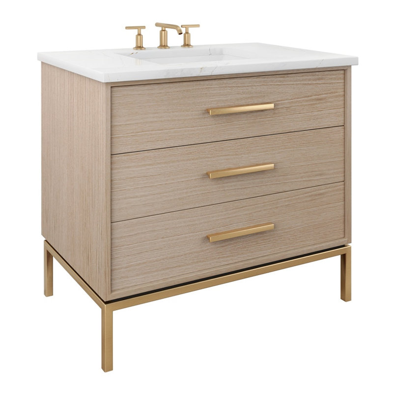 Rift White Oak Three-Drawer Single Bath Vanity, 30", Natural Weathered, Satin Gold