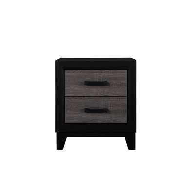Table de chevet à 2 tiroirs avec incrustation de bois gris rustique, finition noire et foncée, design urbain, espace de rangement spacieux, panneau de particules, 21,23 po de profondeur, 59,09 lb